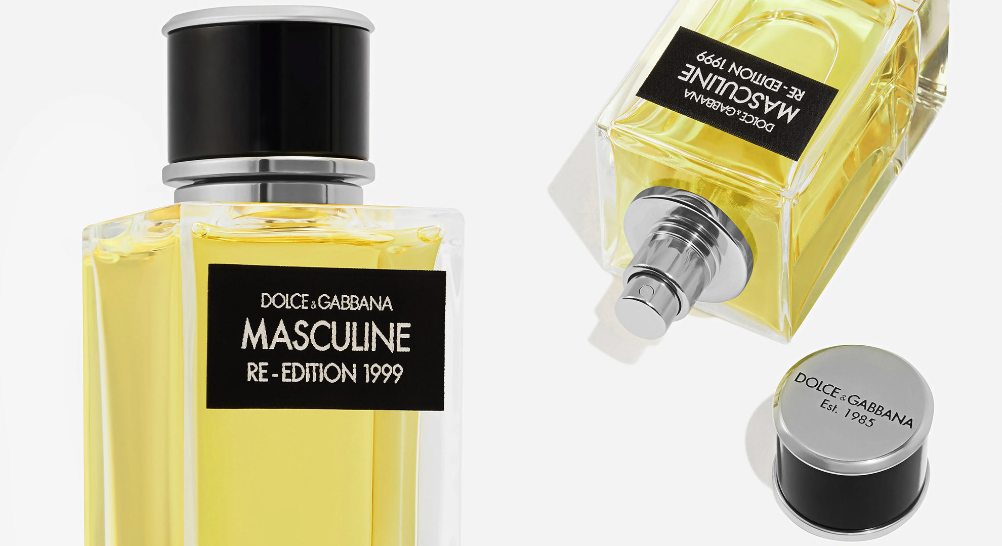 Dolce & Gabbana Masculine Re-Edition 1999 Eau de Parfum Flakon mit schwarzem Etikett und silberner Stickerei